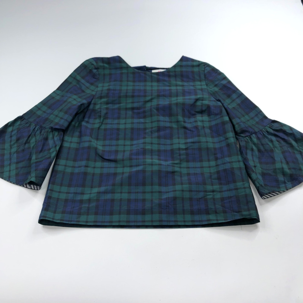 Vineyard Vines 4 Smock Peasant Bell Sleeve Plaid Pullover Top Blouse Blue PLS RE
